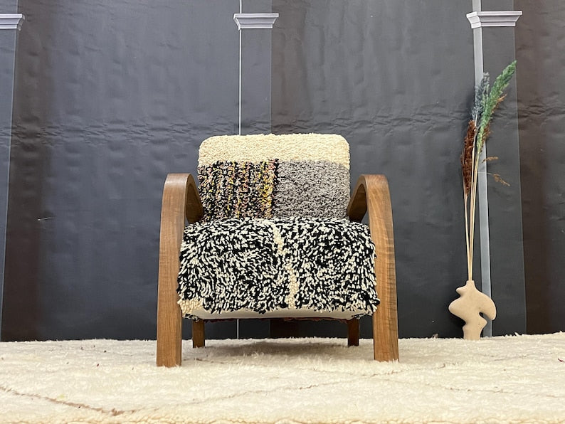 Boho-Chic Multicolor Textured Armchair with Wooden Frame