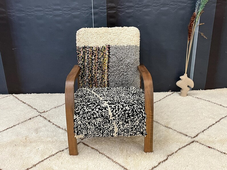 Boho-Chic Multicolor Textured Armchair with Wooden Frame