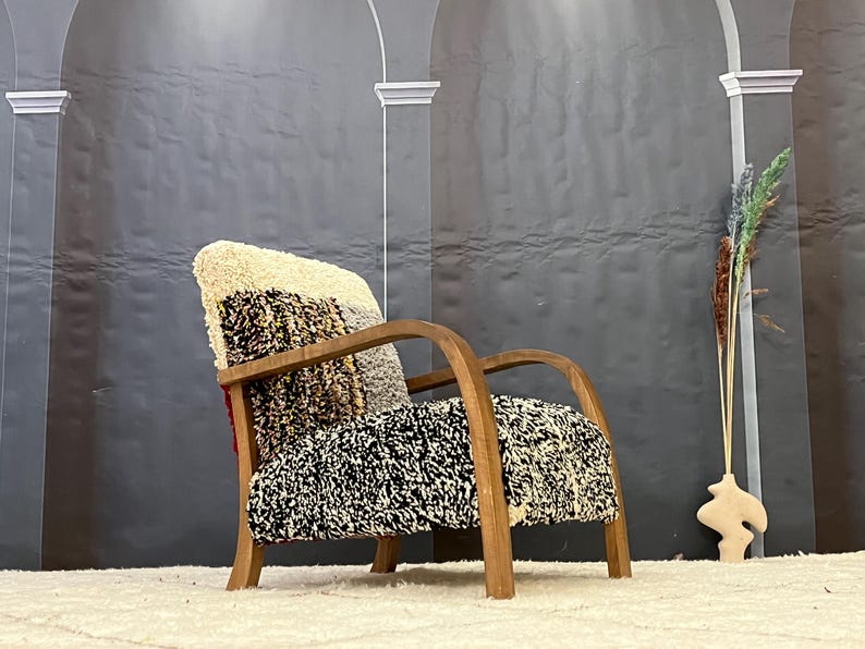 Boho-Chic Multicolor Textured Armchair with Wooden Frame